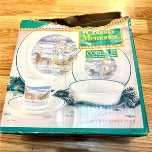 Vintage Corelle Country Memories dinnerware set W/ winter sleigh scene design